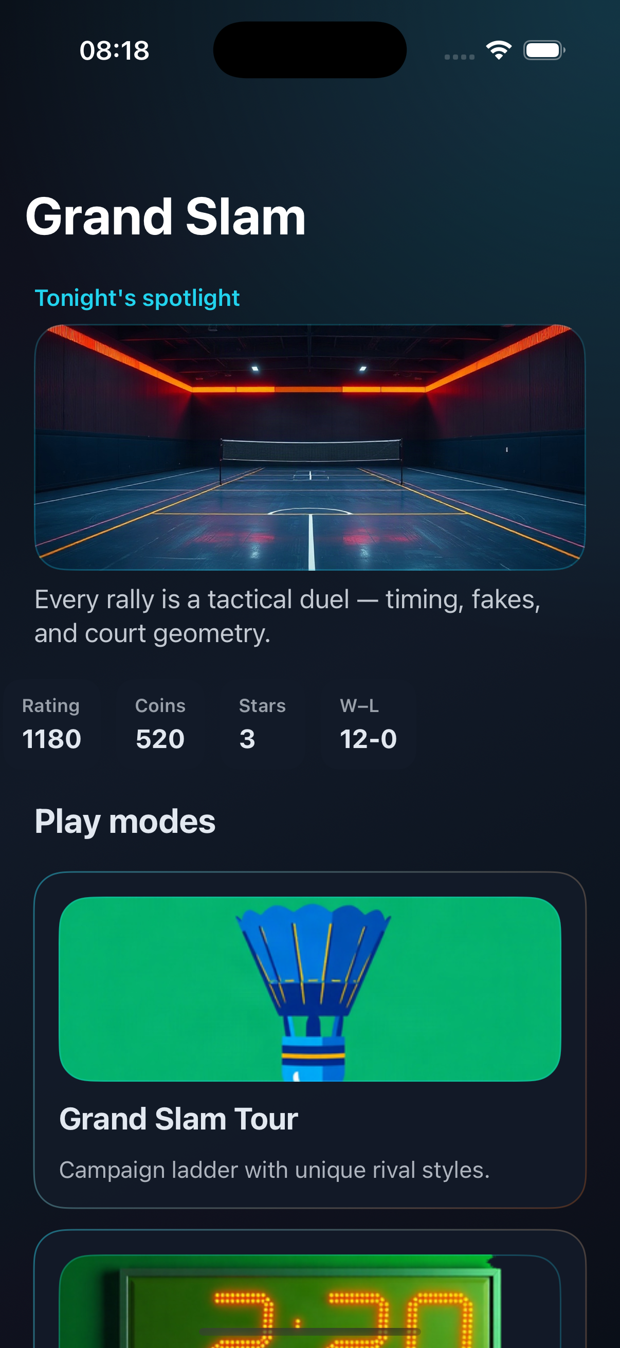 Grand Slam hub with play modes and athlete HQ